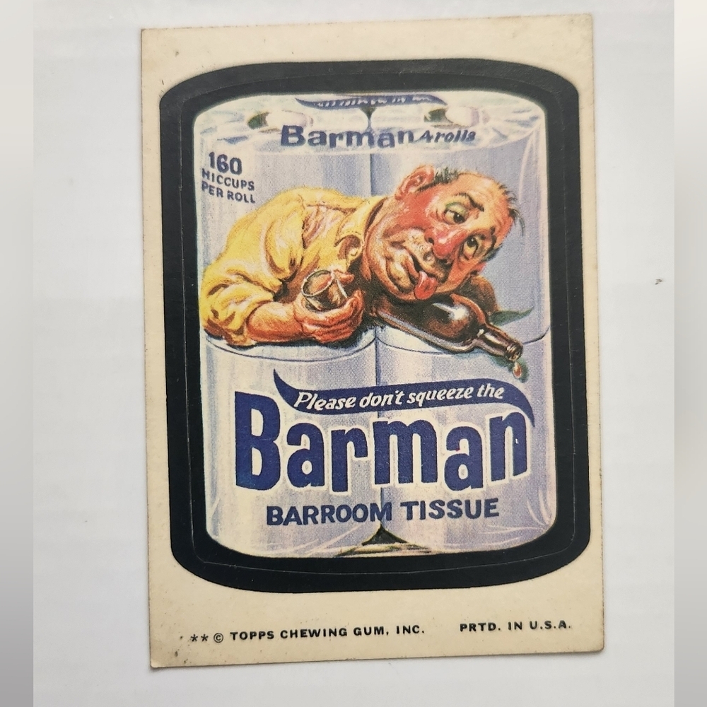 🧻 RARE Tan Back Vintage 1973 Wacky Packages - Barman Sticker (Topps) trading🍻